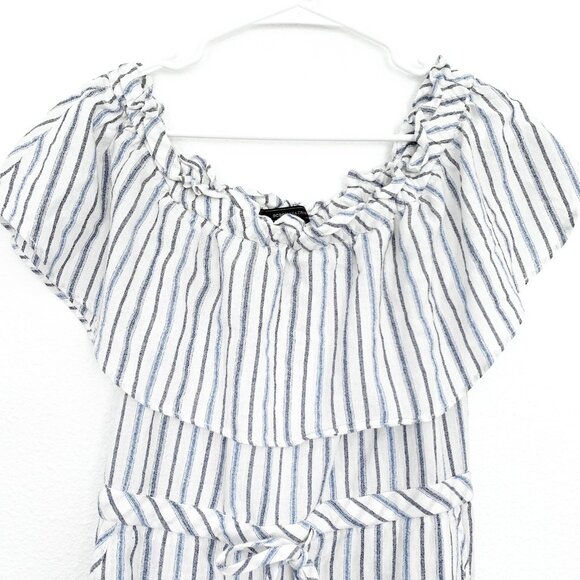 BCBGMAXAZRIA Dress Alexis White Blue Stripe Off The Shoulder Ruffle - Picture 3 of 9